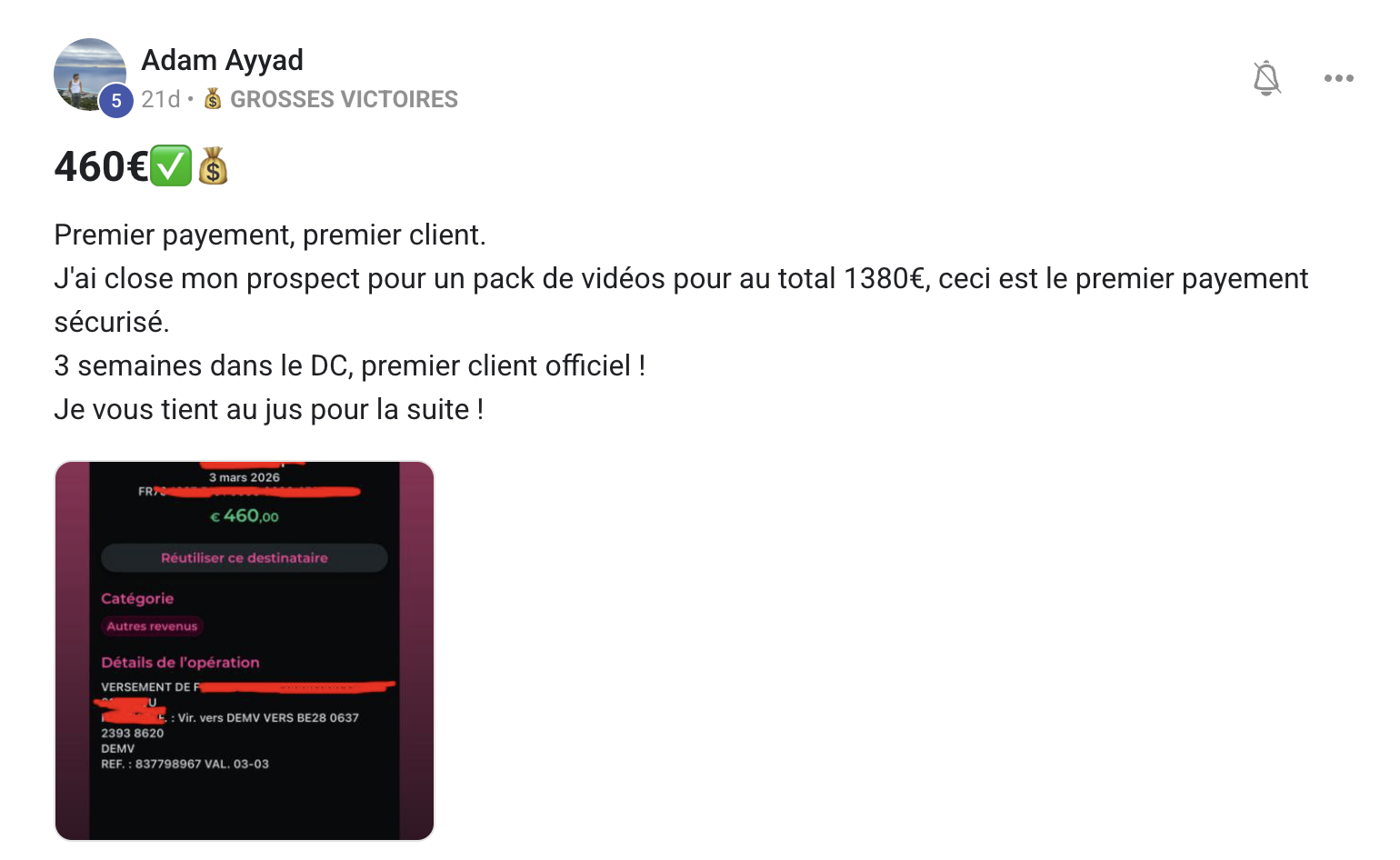 Adam Ayyad - 460 euros premier client - Grosse Victoire Digital Circle