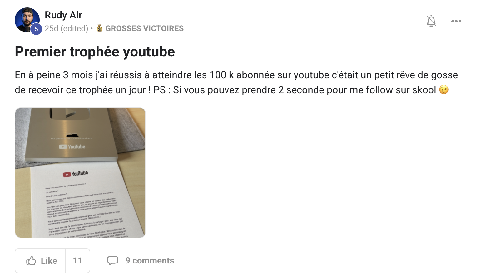 Rudy Alr - Premier trophee YouTube 100K - Grosse Victoire Digital Circle